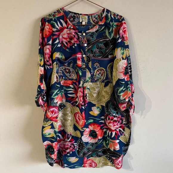 Fig And Flower Women Anthropology Boho Floral Button Down 2 Front Pocket Shirt - Picture 1 of 11